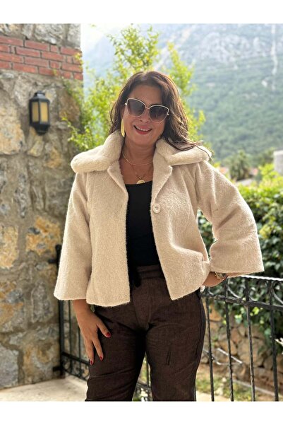 Punta Otantik Nc8113 Italian Short Felt Jacket with Fur Collar and Buttons Ecru