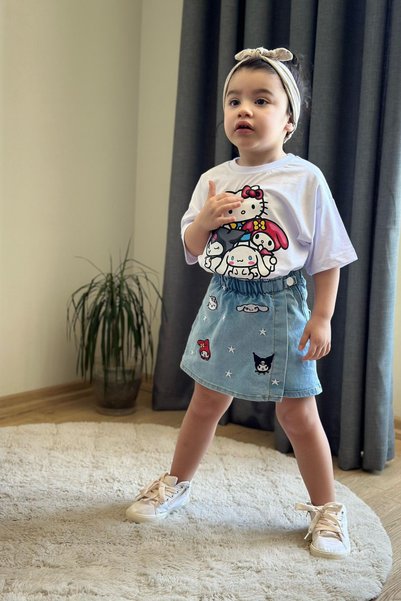 Turuncu Gardrop 3-10 Yaş Kot Şort Etekli Kuromi Hello Kitty Takım Beyaz