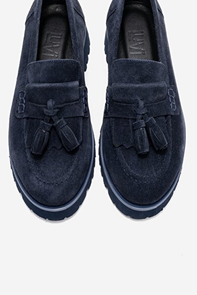 LuviShoes POEN Lacivert Süet Hakiki Deri Püsküllü Kadın Loafer Ayakkabı