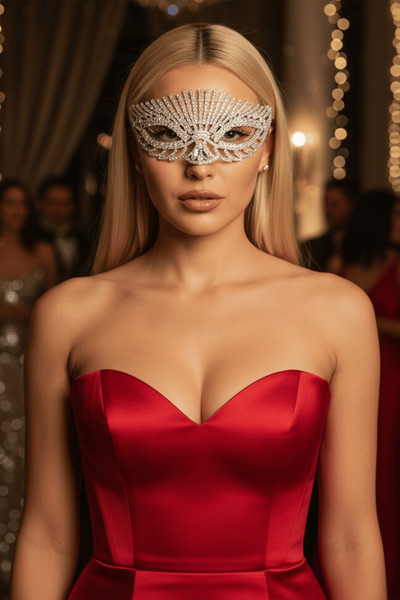 TAKIŞTIR Gümüş Renk Taş Detaylı Tasarım Parti Maskesi