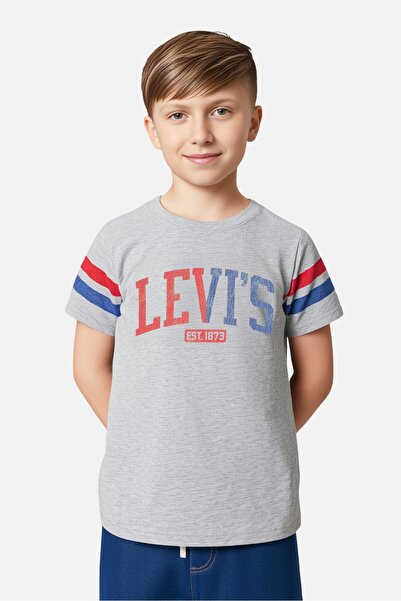 Levi's Kids Boy Crew Neck Brand Logo Short Sleeve T-Shirt, Grey