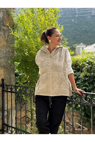 Punta Otantik Nc65588 Shawl Pattern Sequin Quilted Italian Vest Cream