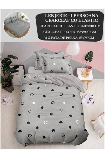 Patul Set Lenjerie de Pat cu pilota unica, Bumbac Finet, 1 Persoana, 4 Piese, Cearceaf cu elastic