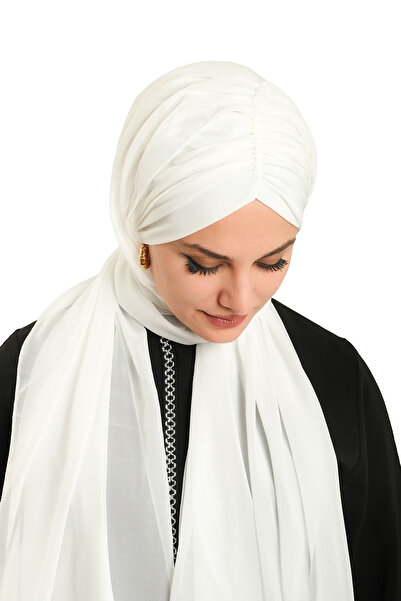 HÜRREM BONE Cream Practical Ready-To-Wear Bonnet Shawl Chiffon Draped 2507_40