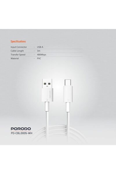 porodo USB-A QC to Lightning PVC Cable 3M - Tangle Free, Fast Charging (A to C 3m-White)