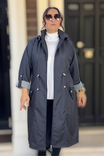 yagmurberen Detachable Hood Foldable Sleeve Detail Bonded Fabric Long Length Extra Large Size Trench Coat