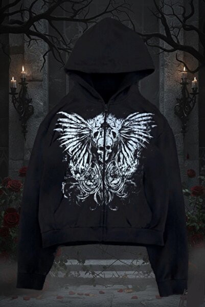 Köstebek Gothic Skullhead Angel Hooded Sweatshirt
