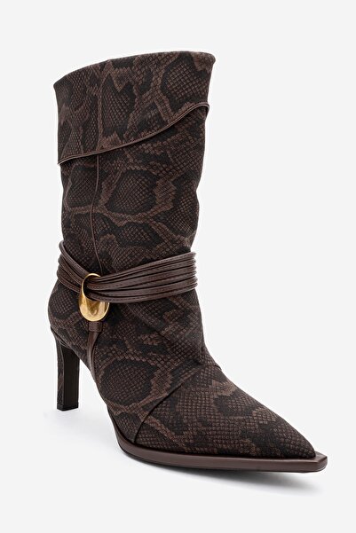 LuviShoes MYRA Kahverengi Desenli Biyeli Tokalı Kadın Topuklu Bot