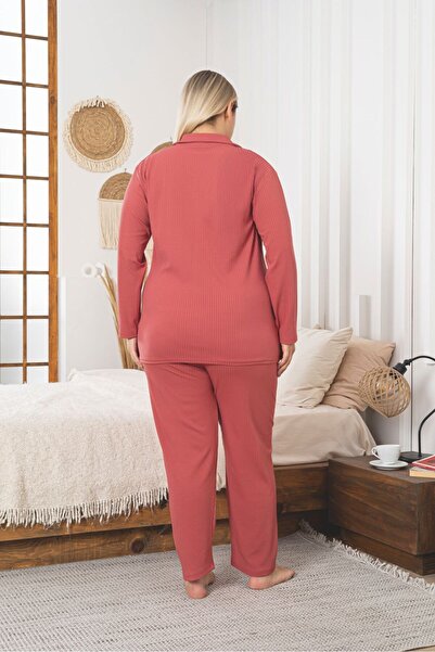 Asel Large Size Buttoned Ribbed Knit Fabric Pajama Set