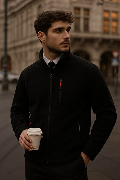 COMBİNE MİCHAİL سترة فضفاضة سوداء للرجال مزودة بـ ياقة مرتفعة متوسطة الطول سحابات