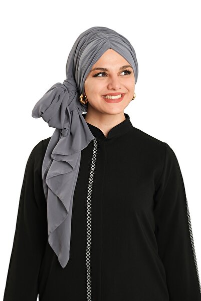 HÜRREM BONE Anthracite Practical Ready-To-Wear Bonnet Shawl Chiffon Draped 2507_25