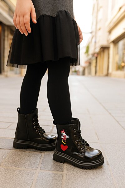 minibonito Ortopedik Bağcıklı Fermuarlı Kız Çocuk Bot Ayakkabı Siyah Kız Çocuk Bot