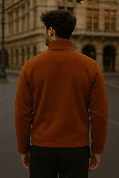 COMBİNE MİCHAİL سترة رجالية فضفاضة من الصوف بـ ياقة مرتفعة متوسطة الطول سحابات باللون البني