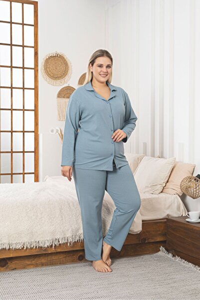 Asel Σετ υφασμάτινης πιτζάμα μεγάλου μεγέθους με κουμπιά πλέξη ριμπ