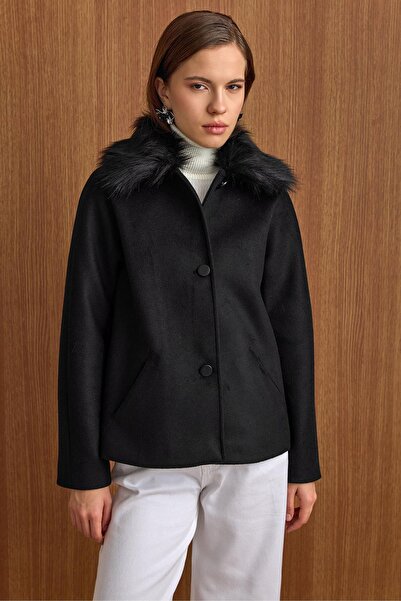 Olcay Short Fur Coat with Detachable Collar Black 3158
