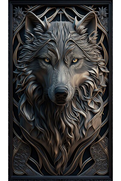 özkacar KABARTMA GÖRÜNÜMLÜ KURT PORTRESİ 1 Ev Duvar Salon Güzellik Salonu Ofis Dükkan Dekarasyon Kanvas Tabl