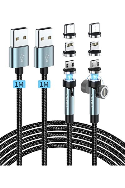 Generic Nalakal 3-in-1 Magnetic Charging Cable 1ft 540° Rotating Nylon USB-C/Micro USB/iProduct (2-Pack)