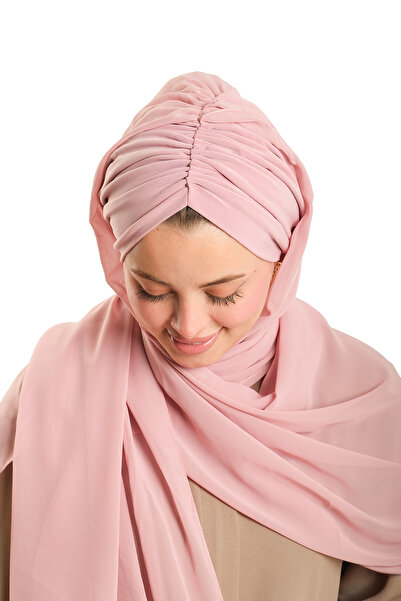 HÜRREM BONE Powder Practical Ready-To-Wear Bonnet Shawl Chiffon Draped 2507_06