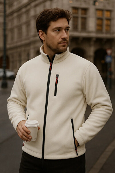 COMBİNE MİCHAİL سترة فضفاضة بيضاء للرجال مزودة بـ ياقة مرتفعة متوسطة الطول سحابات