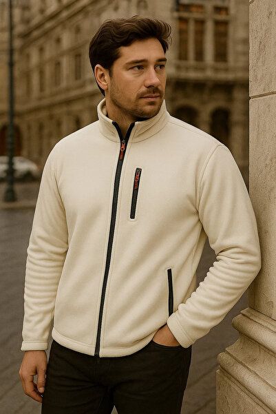 COMBİNE MİCHAİL Erkek Dik Yaka Fermuarlı Beyaz Bol Polar