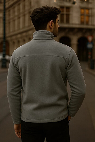 COMBİNE MİCHAİL سترة رجالية فضفاضة باللون الرمادي مزودة بـ ياقة مرتفعة متوسطة الطول سحابات