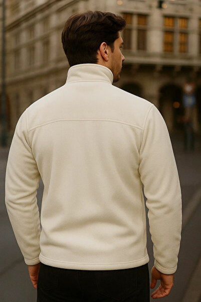 COMBİNE MİCHAİL سترة فضفاضة بيضاء للرجال مزودة بـ ياقة مرتفعة متوسطة الطول سحابات