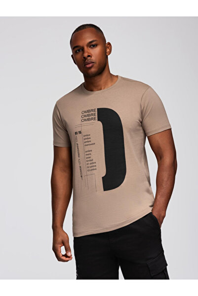 OMBRE Ανδρικό μπλουζάκι με μεγάλη εκτύπωση - ανοιχτό καφέ V2 OM-TSPT-0166
