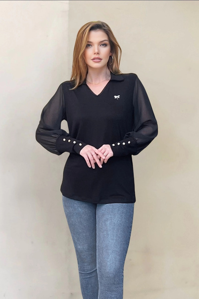 aytemas Chiffon Button Detailed Blouse with Sleeves