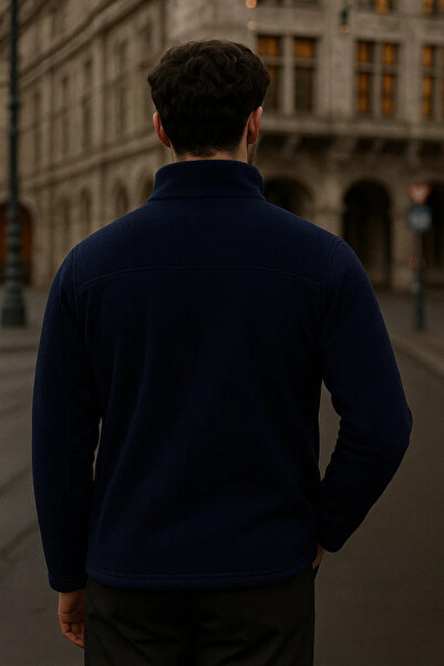 COMBİNE MİCHAİL سترة رجالية ياقة مرتفعة متوسطة الطول بسحاب باللون الأزرق الداكن من الصوف الفضفاض
