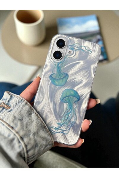 KVK PRİVACY iPhone 16 Uyumlu Deniz Anası Desenli Tüylü Hologramlı Silikon Kılıf