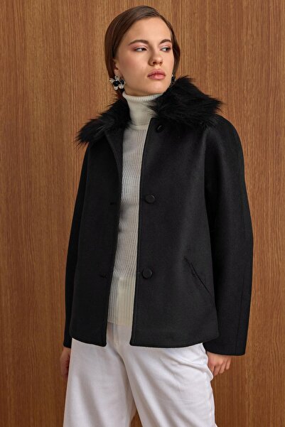 Olcay Short Fur Coat with Detachable Collar Black 3158