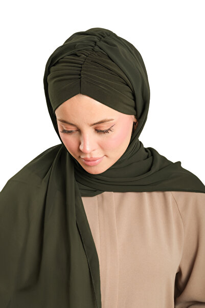 HÜRREM BONE Khaki Practical Ready-To-Wear Bonnet Shawl Chiffon Draped 2507_09