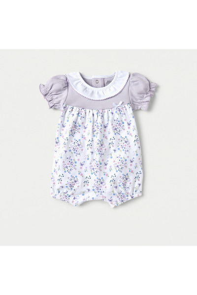 Juniors Floral Print Romper with Collar and Puff Sleeves
