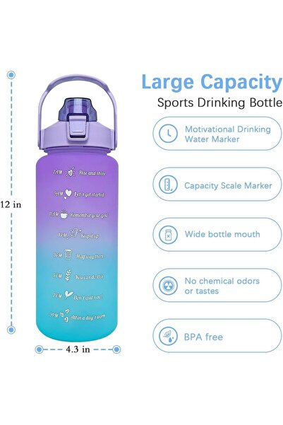 COOYA زجاجة مياه بسعة كبيرة 64 أونصة مع علامات زمنية تحفيزية وقشة، محمولة ومقاومة للتسرب