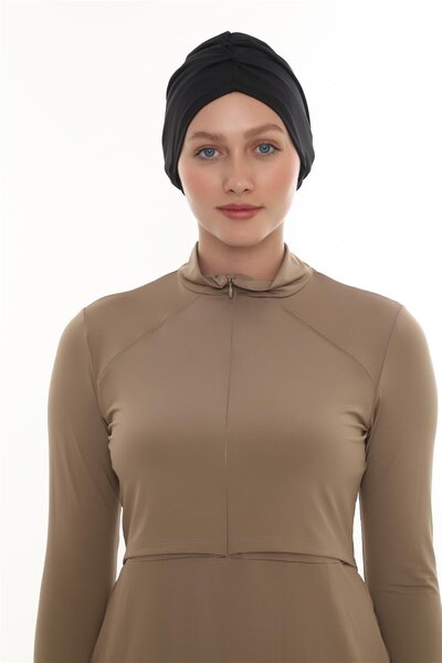 HÜRREM BONE Black Practical Ready-To-Wear Snap-On Sea Pool Cap Swimmy Draped 2509_01