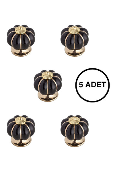 MegaVitrin 5 Adet Porselen Mobilya Kulpu Siyah Altın Tekli Düğme Seramik Çekm...
