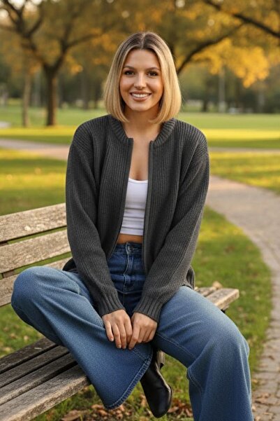 Marvine Cardigan de tricotat pentru femei, gri antracit, cu fermoar