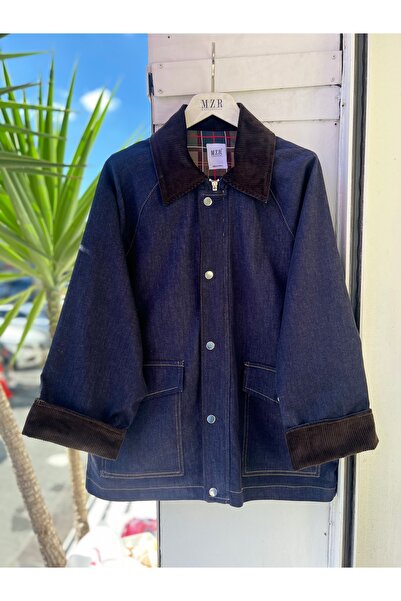 Mzr Collection KADIN KADİFE YAKA KOYU LACİVERT DENİM CEKET