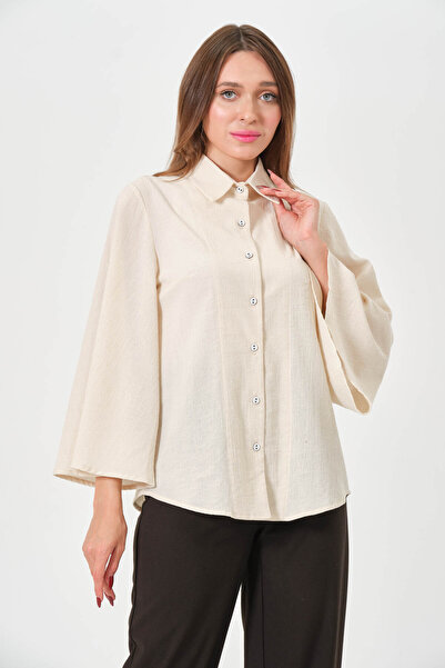 RELAXL Plus Size 100% Cotton Spanish Sleeve Cream Women's Shirt