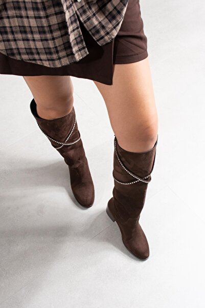 FSKOMBİN Alone Women's Brown Suede Stone Low Heel Boots