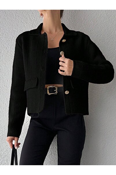 Puella Hrk0009 Women's Black Jacket Collar Plaid Gold Button Tweed-Jacket Knitwear Cardigan