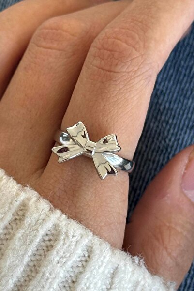 TAKIŞTIR Silver Color Ribbon Figured Adjustable Steel Ring
