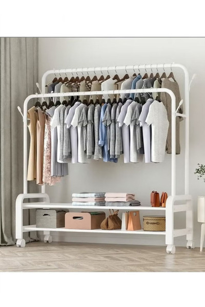 Cady One Metal Clothes Hanger Organizer and White Clothes Rack with Wheels 110x55x150 cm