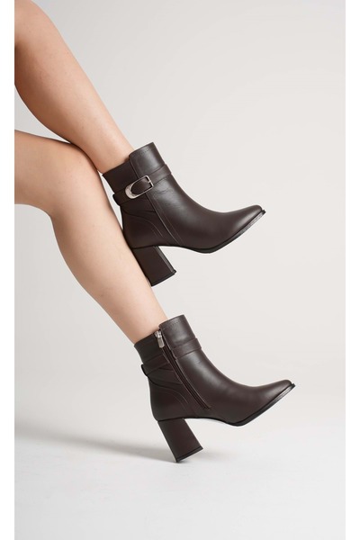 ANALİN SHOES Women's genuine leather buckle heeled boots - coffee