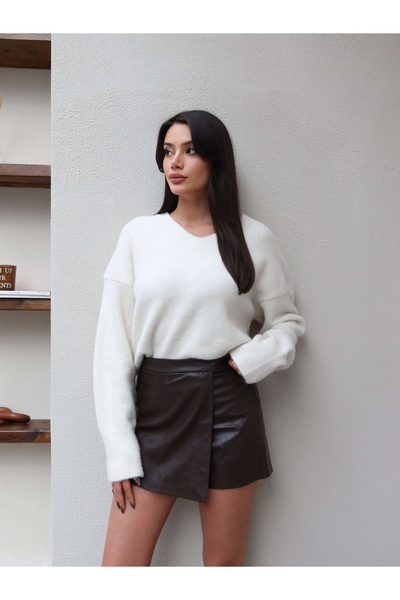 ESRAHELVACI Piele amară maro fustă pantalon scurtă