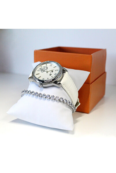 FashionForYou Matteo Ferari Waterproof watch set, -leather strap and matching bracelet, One Heart,White/Silver