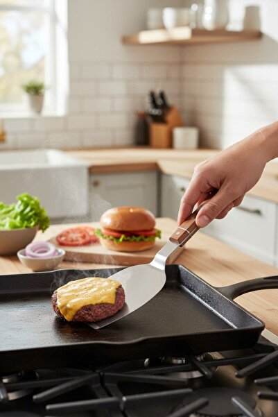 Russet Paslanmaz Çelik Mutfak Spatulası, Smash Burger, Pankek, Keskin Ağız 12cm, Geniş Ağızlı BLZ-46