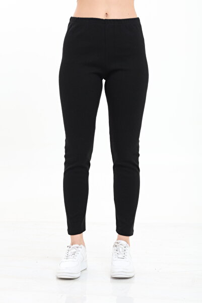 Tight Lady Pamuklu Kalın Dokulu Ribana Örgülü Siyah Penye Likralı Uzun Tayt Yüksek Bel