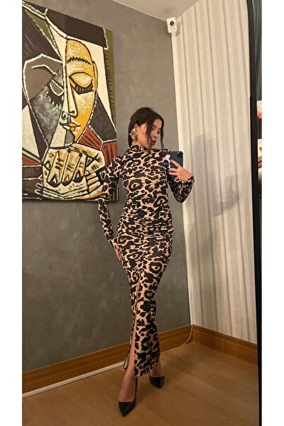 sajarsln Maxi Boy Büzgülü Yırtmaçlı Micro Kumaş Likralı Elbise