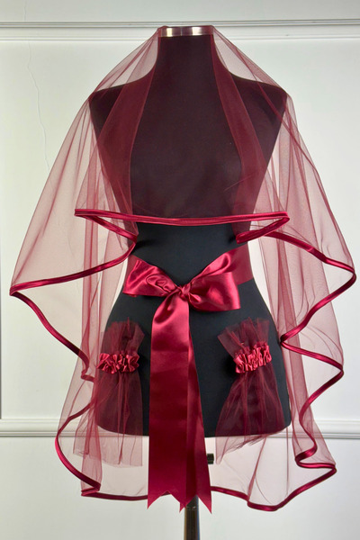 AZREN STORE Bordo Biyeli Gelin Duvak Seti, Duvak-Kuşak-Eldiven Set, Düğün, Kı...